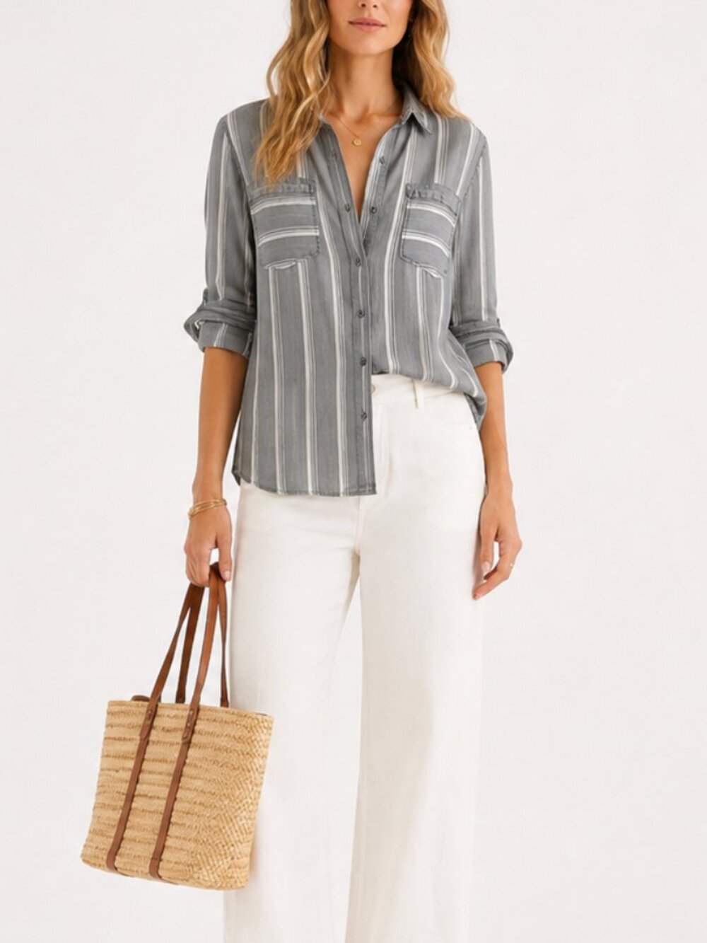 Pure Navy Grey Vertical-Strip Button-Front Blouse